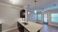 This single-story unit in Spring, Texas offers a thoughtfully designed open-concept layout that seamlessly connects the kitchen, dining, and living areas. Throughout the space, wood-style plank flooring, crown molding, and neutral gray walls create a cohesive, contemporary aesthetic.

The kitchen is a standout feature, centered around a peninsula with granite countertops and an undermount sink with a gooseneck faucet. Rich, dark cabinetry provides ample storage, while a tile backsplash adds texture. Stainless steel appliances, including a refrigerator, range, and microwave, complete the space. Pendant lighting above the peninsula and track lighting overhead enhance both function and style.

The living area benefits from natural light through multiple windows fitted with horizontal blinds, and a ceiling fan promotes comfortable airflow. A separate dining space adjoins this area with additional window views.

The bedroom is a quiet, well-lit retreat with its own ceiling fan, hardwood-style flooring, and a natural light window. The bathroom features granite countertops, dark cabinetry, an undermount sink, a framed mirror, and a tiled shower surround.

A dedicated laundry area with full-size washer and dryer hookups adds practical convenience to this well-finished unit.