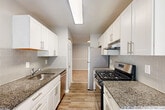 Located at 14023 Castle Blvd in Silver Spring, Maryland, this generously sized single-floor residence offers 3 bedrooms, 2 bathrooms, and an expansive, well-organized layout. The entrance leads into an open living area with neutral-toned carpet and a hallway connecting the home's key spaces. The kitchen is a standout feature, showcasing white shaker cabinetry, dark granite countertops, a grey subway tile backsplash, and light wood-style flooring. It is equipped with a gas range, refrigerator, dishwasher, and ample storage throughout. The two bathrooms are well-appointed — one features a clean white tub-shower combination, while the other includes a vanity with granite countertops and wood-style flooring with chrome fixtures. The three bedrooms are finished with plush carpet and neutral walls, allowing for natural light through slatted blinds. The primary bedroom offers a comfortable sense of scale, while secondary bedrooms provide flexible utility. A private deck off the unit overlooks a tranquil, tree-lined green space, adding a serene natural backdrop. Additional features include a dedicated closet and hallway for practical storage. The overall ambiance is clean, bright, and move-in ready.