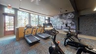This single-story fitness center in Nashville, Tennessee is thoughtfully designed to accommodate a full range of workout disciplines across several distinct zones. The cardio area features multiple treadmills and stationary bikes, including Peloton and Matrix models, positioned alongside large windows that allow natural light to fill the space and provide views of the surrounding greenery. A bold, urban-themed mural with graphic typography serves as a dynamic focal point on one wall, reinforcing the energetic atmosphere.

The strength training zone is well-appointed with a cable machine system, weight racks, adjustable benches, and a comprehensive dumbbell collection organized on tiered racks. Built-in wooden cubbies display a full range of medicine balls and stability equipment, keeping the space orderly and accessible. Large mirrors line the walls, enhancing the sense of openness throughout.

A dedicated functional training room features hardwood flooring, spin bikes, and a well-stocked rack of kettlebells in varying weights, along with yoga mats and resistance tools. A wall-mounted display provides on-demand workout programming. Throughout the facility, recessed and linear LED lighting maintains a focused, professional ambiance. A lounge-style entry corridor with warm wood floors features a framed Nashville Predators jersey, adding a locally inspired touch.