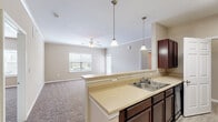 Located at 801 East Brannon Road in Nicholasville, Kentucky, this single-story home offers a practical and comfortable layout with four bedrooms and two full bathrooms. The open-concept kitchen and living area serves as the heart of the home, where a peninsula with a double sink and light countertops provides both workspace and a natural divider between the kitchen and the carpeted living room. The kitchen is equipped with rich dark wood cabinetry, black appliances including a range, over-the-range microwave, and refrigerator, and is finished with light wood-look flooring. The living room features crown molding, a ceiling fan, and windows that bring in natural light. The spacious primary bedroom showcases crown molding, a ceiling fan, plush carpet, and windows overlooking the outdoors, along with access to a walk-in closet fitted with wire shelving. The primary bathroom includes a long vanity with dark wood cabinetry, a well-lit mirror, and a tub-shower combination. Additional bedrooms are comfortably sized with carpet flooring and natural light from windows. The second bathroom offers a vanity, mirror, and wood-look tile flooring. Two hallways and additional closets provide ample storage and easy flow throughout the home.