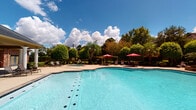 This amenity space combines a fully outfitted fitness center with a resort-style outdoor pool, delivering a well-rounded recreational experience. The fitness center is generously proportioned, featuring high ceilings and large windows with blinds that allow abundant natural light to fill the room while offering views of the surrounding community. The space is anchored by a large wall-to-wall mirror that visually expands the room and aids in form monitoring during workouts. Ceiling fans overhead help maintain comfortable airflow throughout. The equipment selection is comprehensive, including a multi-station cable and free-weight rack system, a Precor stationary bike, a WaterRower rowing machine, dumbbell racks, medicine ball stations, resistance battle ropes, and multiple treadmills with individual wall-mounted TVs. Patterned herringbone carpet tiles add a stylish, modern touch to the flooring throughout. The outdoor pool area features a generously sized, freeform swimming pool with clear turquoise water and a defined lap lane. A spacious concrete pool deck surrounds the water, furnished with lounge chairs and vibrant red patio umbrellas. The area is enclosed by a black iron fence and bordered by mature trees and tropical landscaping, creating a private, resort-like atmosphere open to the sky.