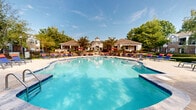 Located at 920 Yorkmont Ridge Lane in Fort Mill, South Carolina, this outdoor amenity area centers on a large, freeform swimming pool with clear turquoise water and a classic curved shape. The pool's edge is defined by a smooth coping surround that transitions seamlessly onto an expansive paver deck finished in a herringbone brick pattern, providing ample space for lounging and socializing. Blue and orange chaise lounges are arranged around the perimeter, accompanied by shaded seating areas outfitted with red market umbrellas. A separate, rounded spa or hot tub is positioned to one side of the main pool, bordered by a raised stone retaining wall that adds a natural, textural contrast to the hardscape. A single-story clubhouse anchors the far end of the pool area, featuring a hipped roofline with a decorative cupola, covered portico, and large windows that open toward the water. Mature deciduous trees frame the entire complex, offering natural shade and a lush, landscaped backdrop. The overall atmosphere is open, bright, and well-maintained, with abundant natural light and clear sightlines throughout the outdoor space.