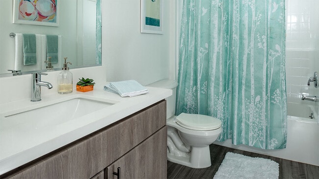 Apartment Bathroom with large soaking tub and hardwood flooring. - Shops on Pine - Bldg P
