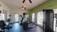 This fitness center is a thoughtfully designed, single-level workout space that balances functionality with an energizing atmosphere. The room features a bold color scheme, with vibrant green accent walls contrasting against white walls and a large chalkboard wall used to display workout routines and motivational messages—an interactive and practical design element. The dark rubber flooring throughout provides cushioning and durability, ideal for a high-traffic exercise environment.

Natural light fills the space through multiple windows fitted with blinds, offering outdoor views while maintaining privacy. A ceiling fan with a light fixture overhead aids in air circulation and comfort during workouts.

The fitness center is equipped with a comprehensive selection of cardio and strength equipment, including a treadmill, an Octane elliptical trainer, a stationary recumbent bike, and an Inspire functional trainer cable machine for versatile strength training. Medicine balls and stability equipment are also available for varied workout options.

Large mirrors are mounted along one wall, enhancing the sense of space and allowing users to monitor their form. A bulletin board near the entrance and a glass-paned door provide an open, welcoming feel. Overall, the space is practical, motivating, and well-maintained.