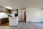 Located at 3688 Parkmoor Village Dr in Colorado Springs, CO, this one-bedroom, one-bathroom unit is thoughtfully laid out across a single floor. The kitchen features dark wood cabinetry extending to the upper walls for generous storage, light countertops, wood-look flooring, and black appliances including a gas range and refrigerator. A built-in breakfast bar peninsula connects the kitchen to the combined dining area, creating an open, functional flow. The carpeted living room is bright and open, highlighted by a ceiling fan and a sliding glass door that leads to a private patio with outdoor views. A hallway connects the main living areas to the bedroom and bathroom, with four closets throughout providing notable storage capacity. The bedroom is comfortably sized, featuring plush carpet, a sliding double-door closet, a window with vertical blinds for natural light, and wall-unit climate control. The full bathroom offers wood-look flooring, a single vanity with under-sink storage, a full tub-shower combo, and clean white finishes throughout. A utility room and textured ceilings are consistent throughout the unit, contributing to its functional, straightforward character.