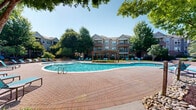 Located at 700 Gates Mills Drive in Fort Mill, South Carolina, this outdoor amenity space centers around a generously sized, resort-style swimming pool with a distinctive freeform shape. The crystal-clear blue water is complemented by a connected spa, offering a complete aquatic retreat for residents. Surrounding the pool, a wide brick paver deck provides ample room for lounging, lined with aqua-toned chaise lounge chairs and shaded seating areas ideal for relaxation under the Carolina sun. Pergola structures add architectural interest and shade throughout the courtyard. Mature trees are thoughtfully integrated throughout the landscape, providing natural canopy and a sense of privacy while softening the hardscape. Manicured planters and well-maintained greenery border the pool area, enhancing the overall aesthetic. The backdrop features multi-story brick residential buildings with balconies overlooking the pool courtyard, creating an enclosed, community-centered atmosphere. A clubhouse or leasing facility is also visible, with large windows and covered outdoor seating that connects seamlessly to the pool deck. The combination of lush landscaping, quality hardscaping, and thoughtful amenity design makes this outdoor space a welcoming and functional centerpiece of the community.