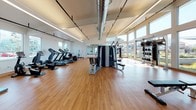 Located at 200 Greenbriar Circle in Petaluma, California, this fitness center offers a well-appointed, single-floor workout facility designed to support a comprehensive range of exercise routines. The space features soaring ceilings with exposed industrial-style ductwork, lending the interior a modern, open aesthetic that complements the clean white walls and warm hardwood-style flooring throughout.

Natural light floods the facility through expansive floor-to-ceiling windows along multiple walls, offering views of the surrounding Petaluma landscape and creating an energizing atmosphere. The generous open floor plan provides ample room to move freely between equipment zones without feeling crowded.

The cardio area lines one wall and is equipped with multiple treadmills, elliptical machines, a stationary bike, and a rowing machine. Opposite, a strength training section houses a multi-station cable and weight machine, allowing for a broad variety of resistance exercises. A dedicated free weights area features a full rack of dumbbells in graduated sizes, accompanied by adjustable workout benches. Wall-mounted mirrors amplify the sense of space and allow users to monitor their form.

Overhead, recessed and track lighting supplements the natural light, ensuring the space remains well-lit throughout the day. Mounted flat-screen televisions are positioned throughout the facility for entertainment during workouts. The overall design is clean, functional, and modern, making this fitness center a practical and inviting space for residents.