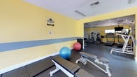 This fitness center is designed to support a comprehensive workout experience, organized across two connected open areas that together offer a wide range of exercise options. The space is immediately recognizable by its vibrant yellow walls accented with a bold gray horizontal stripe, creating an energetic and motivating atmosphere. Rubber flooring throughout provides durability and safety underfoot.

The free weight area is well-appointed with multiple dumbbell racks holding a full range of weights, adjustable workout benches, stability balls, and a large wall mirror that enhances the sense of space and supports form monitoring during exercise. Natural light filters in through several windows, offering views of the surrounding outdoor greenery.

The adjoining cardio and strength training zone features a multi-station cable machine, elliptical trainers, a stair climber, and additional selectorized strength machines, providing ample options for both cardiovascular conditioning and targeted muscle training. A ceiling fan ensures air circulation throughout this area, and recessed drop-ceiling lighting keeps the space evenly illuminated. The layout is thoughtfully arranged to allow comfortable movement between equipment, making this fitness center a functional and inviting space for a full-body workout routine.