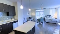 This single-floor unit showcases a thoughtfully designed open-concept layout that seamlessly connects the kitchen, living, and sleeping areas. The kitchen features dark cabinetry contrasted by a light-toned curved island with a smooth countertop surface, pendant lighting overhead, and stainless steel appliances including a dishwasher. The island serves as a natural divider between the kitchen and the main living area, providing both functionality and visual structure. The living space is generously proportioned, accommodating a seating arrangement centered on a bold black-and-white patterned area rug, with a ceiling fan overhead. A large floor-to-ceiling window with vertical blinds anchors the far wall, allowing abundant natural light to permeate the entire open space. Wood-look flooring runs continuously throughout, contributing to a warm, cohesive aesthetic. The sleeping area is positioned near the window, benefiting from the same natural light. The overall ambiance is modern and airy, with a neutral color palette and clean lines that create a bright, welcoming atmosphere throughout the space.