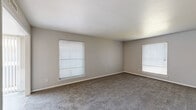 This one-bedroom, one-bathroom unit at 811 N Plymouth Rd in Dallas, Texas offers a well-organized single-floor layout designed for comfortable everyday living. The living room is generously proportioned, featuring plush carpeting, a large window with horizontal blinds for natural light, and an open connection to the dining area. Floor-to-ceiling sliding glass doors dressed with vertical blinds bring in abundant light and provide outdoor views, enhancing the sense of openness throughout the common areas. Light wood-look flooring runs through the kitchen and entry areas, creating a clean contrast to the carpeted living and sleeping spaces. The kitchen is efficiently laid out with dark cabinetry, white countertops, a double-basin stainless steel sink, and a white electric range, offering practical functionality in a compact footprint. The spacious primary bedroom includes dual closets—one standard and one louvered—along with a ceiling fan and a window that fills the room with natural light. The full bathroom features white subway tile, a shower/tub combination, a wide vanity with a large mirror, and wood-look flooring for a clean, cohesive finish. Throughout the unit, neutral gray walls and consistent finishes provide a calm, move-in-ready aesthetic.