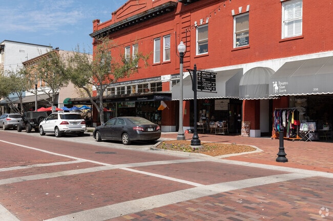 Shops line downtown Sanford's historic district.