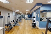 This fitness center offers a spacious, well-organized workout environment across a single floor, thoughtfully divided into multiple functional zones. The space features warm hardwood-style flooring throughout, complemented by bold navy blue accent walls and bright recessed panel lighting that ensures consistent, even illumination across all areas.

The cardio zone houses a row of Star Trac treadmills and elliptical machines, positioned near windows that provide natural light and outdoor views. A dedicated strength training area features a comprehensive selection of free weights, including barbells and weight plates on upright racks, as well as cable machines and selectorized equipment from brands such as Life Fitness and Body-Solid. Rubber floor mats are placed strategically in high-use lifting areas for safety and stability.

Floor-to-ceiling mirrors are mounted along key walls, enhancing the sense of openness and allowing users to monitor their form. The open layout promotes easy movement between equipment stations, while the central structural columns with navy blue accents serve as natural dividers between zones without obstructing sightlines. A hand sanitizer station and water fountain are conveniently located within the space. The overall ambiance is clean, professional, and energizing, making it a fully functional facility suited for a broad range of fitness needs.