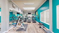 Located at 1801 Shore Line Dr in Alameda, California, this fitness center is a thoughtfully designed, single-room facility that makes efficient use of its space to deliver a comprehensive workout environment. The room features a vaulted ceiling with skylights that flood the interior with natural light, complemented by large windows that offer views of the surrounding landscaping and outdoor scenery. Bold teal accent walls contrast with a neutral gray palette and light wood-style flooring, giving the space an energetic yet clean aesthetic. Full-length mirrors along one wall visually expand the room and allow for form monitoring during exercise. The cardio zone is well-stocked with treadmills, elliptical trainers, a rowing machine, and a stationary cycling bike. A dedicated strength training area includes an adjustable weight bench, a rack of dumbbells spanning a range of sizes, medicine balls mounted on the wall, and additional resistance equipment. Exercise mats provide space for stretching and floor work. A wall-mounted flat-screen TV and a wall clock add functional convenience. The entrance features a glass-paneled door with additional sidelight windows, enhancing the airy, open feel of the space. Overall, this fitness center is a well-appointed and inviting facility suited for a full range of workout routines.