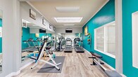 Located at 1801 Shore Line Dr in Alameda, California, this fitness center is a thoughtfully designed, single-room facility that makes efficient use of its space to deliver a comprehensive workout environment. The room features a vaulted ceiling with skylights that flood the interior with natural light, complemented by large windows that offer views of the surrounding landscaping and outdoor scenery. Bold teal accent walls contrast with a neutral gray palette and light wood-style flooring, giving the space an energetic yet clean aesthetic. Full-length mirrors along one wall visually expand the room and allow for form monitoring during exercise. The cardio zone is well-stocked with treadmills, elliptical trainers, a rowing machine, and a stationary cycling bike. A dedicated strength training area includes an adjustable weight bench, a rack of dumbbells spanning a range of sizes, medicine balls mounted on the wall, and additional resistance equipment. Exercise mats provide space for stretching and floor work. A wall-mounted flat-screen TV and a wall clock add functional convenience. The entrance features a glass-paneled door with additional sidelight windows, enhancing the airy, open feel of the space. Overall, this fitness center is a well-appointed and inviting facility suited for a full range of workout routines.