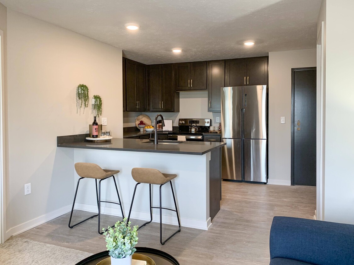 Chickadee one bedroom model with dark finishes - The Knock Apartments