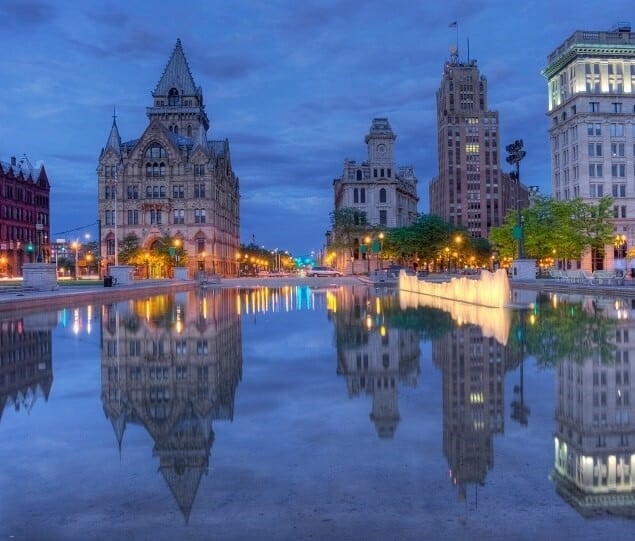 An evening view of Downtown Syracuse