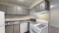 Located at 14323 Springtime Ln in Florissant, Missouri, this single-floor unit offers a practical and well-organized layout. The kitchen is equipped with gray cabinetry featuring decorative paneled doors, dark speckled countertops, a double-basin sink, a gas range, a dishwasher, and a full-size refrigerator. Dark wood-style flooring grounds the kitchen space, which includes ample upper and lower cabinet storage.

The living area is generously sized, with plush wall-to-wall carpeting, neutral beige walls, and a textured ceiling. A full-length sliding glass door dressed with vertical blinds allows natural light to fill the room, creating a bright and open atmosphere. The entry area connects seamlessly to the living space, maintaining an open and accessible flow throughout.

The bedrooms feature the same soft carpeting and neutral tones, with windows that bring in additional natural light. The bathroom includes a full tub-shower combination with grab bars for added accessibility, complemented by a granite-style countertop vanity and wood-style flooring. Throughout the unit, the consistent neutral color palette and functional design elements provide a clean, move-in-ready environment suitable for a variety of living arrangements.