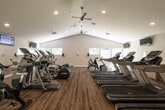 This fitness center is designed to support a comprehensive workout experience across multiple dedicated zones. The main cardio area is an expansive, airy space defined by soaring vaulted ceilings fitted with ceiling fans and recessed lighting, creating a bright and comfortable environment. Rows of treadmills, elliptical trainers, stair climbers, and stationary bikes—including cycling-specific bikes—are arranged to maximize floor space and usability. Wall-mounted televisions are positioned throughout for entertainment during cardio sessions, and large windows along the perimeter invite natural light and outdoor views of lush greenery. The floors throughout are finished in a warm hardwood-style material that adds a polished, modern aesthetic. A separate strength training area features a distinctive slatted wood ceiling with recessed lighting, lending a more intimate and refined atmosphere. This zone is equipped with a full rack of dumbbells, adjustable weight benches, cable machines, and a variety of selectorized strength machines positioned alongside floor-length mirrors. The facility also includes a dedicated section with additional cardio equipment and built-in storage cabinetry. French doors connect areas of the space, promoting an open and flowing layout. Together, the thoughtful design and diverse equipment selection make this fitness center a thorough and inviting facility for users of all fitness levels.
