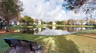 This single-story property is situated within a well-maintained residential community characterized by its tranquil, park-like setting. The standout feature of the surroundings is a calm, reflective pond that serves as the focal point of the landscape. The water mirrors the sky and surrounding tree canopy, creating a peaceful and visually striking backdrop. Manicured green lawns extend to the water's edge, while mature palm trees and a variety of shade trees frame the scene, lending a lush, tropical character to the environment. A metal bench positioned near the pond provides a dedicated outdoor relaxation spot, ideal for enjoying the natural scenery. Multi-story residential buildings are visible across the pond, set back among the trees and contributing to the community's cohesive architectural character. The outdoor common areas are thoughtfully designed to encourage leisurely outdoor activity. The interior images provided were too dark to yield meaningful detail, but the overall property benefits greatly from its scenic pond-front positioning and the abundant greenery that defines the community's appealing, resort-like atmosphere.