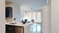 Located at 1501 Meridian Dr in Irving, TX, this thoughtfully designed one-bedroom, one-bathroom residence offers a cohesive blend of modern style and everyday functionality across a single floor. The open-concept layout connects the kitchen and living areas seamlessly, creating an inviting and efficient flow throughout the space.

The kitchen is outfitted with rich dark cabinetry, stainless steel appliances including a range, microwave, and refrigerator, and crisp white quartz countertops that extend into a peninsula with bar seating—ideal for casual dining or entertaining. Hardwood-style flooring runs through the main living areas, adding warmth and visual continuity.

The living room is bright and airy, benefiting from natural light that pours in through large French doors fitted with white plantation-style blinds and a ceiling fan overhead. The bedroom offers a comfortable, carpeted retreat with a ceiling fan, a window with blinds, and access to a generously sized walk-in closet featuring multi-tiered shelving and hanging rods on two walls.

The bathroom features dark wood vanity cabinetry with a white countertop, a large mirror, and a combined tub and shower with a curtain enclosure, all set on warm hardwood-style flooring. A hallway connects the private areas of the residence with ease, completing this well-organized and stylish home.