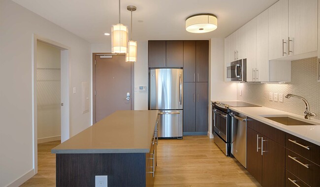 Brand-new kitchens feature stainless steel appliances, two-tone modern cabinets and quartz countertops - One Canal Apartments