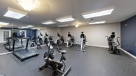 Located at 13430 Coppermine Rd in Herndon, Virginia, this dedicated fitness center offers a well-equipped exercise space designed to support a comprehensive workout routine. The room is finished with durable rubber flooring laid in protective mat sections, providing a safe and functional surface suited for both cardio and strength training activities.

The space is outfitted with a diverse selection of equipment, including multiple treadmills from TRUE Fitness, recumbent and upright stationary bikes, elliptical machines, and a cable/weight station. Free weights and a stability ball round out the strength training options, making the room versatile for a variety of fitness goals.

Full-length mirrors span one wall, visually expanding the space and allowing users to monitor their form during workouts. The room is well-lit by a combination of recessed panel lighting and ceiling fixtures, ensuring a bright and energizing atmosphere. A bold navy blue accent wall adds a modern, motivating touch to the otherwise neutral gray and white interior palette.

A set of white French doors provides entry to the fitness center and introduces a classic architectural detail to the space. The overall layout is thoughtfully organized to maximize usable floor area while maintaining clear pathways between equipment, creating an efficient and accessible environment for exercise.