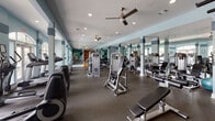 Located at 8230 Stonebrook Terr in Raleigh, NC, this single-floor fitness center offers a well-rounded workout environment designed to accommodate a wide range of exercise needs. The space is finished with durable rubber flooring throughout and features a distinctive color palette of soft blue and teal accent walls paired with crisp white trim and columns, creating a clean and energizing atmosphere.

The main workout area is generously proportioned, housing an extensive array of strength training machines, free weights, and functional training equipment including TRX suspension systems. Large arched windows along one wall flood the cardio section with abundant natural light and provide views of the outdoor surroundings, while a row of treadmills and ellipticals is positioned to take full advantage of this feature. Ceiling fans are installed throughout to maintain comfortable airflow during workouts.

Full-length mirrors line portions of the walls, enhancing the sense of openness and allowing users to monitor their form. A dedicated open area near the entrance supports functional and bodyweight training. Additional amenities include a wall-mounted television, a water fountain station, and access to an adjacent room that appears to serve as a supplementary activity or multipurpose space. The overall layout is thoughtfully organized to ensure ample room between equipment stations.
