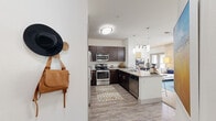 Located at 1550 Crescent Pointe Pkwy in College Station, TX, this single-story residence offers 2 bedrooms and 3 bathrooms across a thoughtfully designed floor plan. The open-concept living and kitchen area forms the heart of the home, bathed in natural light from large windows dressed with sheer curtains and blinds. Ceiling fans are present throughout, enhancing comfort in every room. The living room features a warm, inviting atmosphere with ample space for relaxing and entertaining. The kitchen is well-equipped with rich dark cabinetry, granite countertops, stainless steel appliances, and a peninsula with bar seating and pendant lighting — ideal for casual dining. Both bedrooms are comfortably sized, carpeted, and fitted with ceiling fans and large windows that frame outdoor views. The primary bedroom offers a generous layout with dedicated closet space. The bathrooms are finished consistently with dark wood vanities, granite countertops, wood-look tile flooring, and tub-shower combinations with tile surrounds. Two closets and a hallway complete the layout, providing practical storage solutions. The overall aesthetic is modern and cohesive, combining functional design with a clean, contemporary palette throughout.