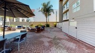This outdoor courtyard is a thoughtfully designed communal space set within the interior of a contemporary multi-story residential building. The ground is finished with classic brick pavers laid in a herringbone pattern, providing a durable and visually appealing surface throughout the entire area.

The courtyard is framed on multiple sides by the building's modern facade, which features clean lines, neutral gray and blue tones, balconies with metal railings, and large windows that allow ample natural light to reach the space. Mature landscaping is a defining feature, with raised planters showcasing ornamental grasses, bold New Zealand flax with dramatic red and green foliage, and a striking tall palm tree that adds a distinctly warm-climate character to the setting.

A central seating arrangement includes solid wood-framed chairs and sofas with deep blue cushions grouped around a round table, creating an inviting outdoor lounge atmosphere. Shade umbrellas positioned nearby offer relief from direct sunlight. Additional decorative touches include a potted bamboo plant and low-profile storage enclosures with horizontal slat paneling that blend seamlessly with the surrounding architecture.

The overall ambiance is open, airy, and well-maintained, offering residents an attractive and functional outdoor retreat designed for relaxation and social gatherings under open skies.