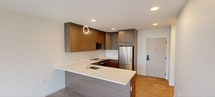This 850-square-foot, one-bedroom, three-bathroom apartment at 20100 Walker Road in Shaker Heights, Ohio offers a sleek, modern living experience across a single floor. The open-concept living room and kitchen area features light wood-tone flooring, recessed lighting, and expansive floor-to-ceiling windows fitted with roller shades, providing sweeping views of the surrounding neighborhood's lush tree canopy. The contemporary kitchen is equipped with stainless steel appliances, including a refrigerator, range, and microwave, complemented by warm wood cabinetry, a subway tile backsplash, white quartz countertops, and a large peninsula with an undermount sink—ideal for both cooking and casual dining. The 160-square-foot primary bedroom is carpeted, bathed in natural light from oversized windows with outdoor views, and features a dedicated walk-in closet with built-in shelving. The bathrooms are finished in a clean, neutral palette, with large-format tile flooring, a soaking tub, a glass-enclosed shower, grab bars, and a streamlined vanity with an undermount sink. The overall aesthetic is cohesive and contemporary, blending functional design with quality materials throughout.