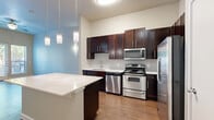 This thoughtfully designed one-bedroom, one-bathroom unit offers a functional and stylish layout across a single floor. The open-concept kitchen and living area serves as the heart of the space, featuring rich dark-wood cabinetry that extends to the ceiling, a classic subway tile backsplash, and a full suite of stainless steel appliances including a dishwasher, range, microwave, and refrigerator. A large kitchen island with a crisp white countertop provides additional prep space and seating, while pendant lighting adds a modern touch overhead. Hardwood-style flooring runs throughout the unit, lending warmth and continuity to every room. The living area benefits from impressively high ceilings and a glass panel door flanked by large windows, filling the space with natural light and offering views of the surrounding greenery. The bedroom is generously proportioned, featuring its own window with outdoor views and ample wall space. Two closets provide excellent storage throughout the unit, complemented by a dedicated pantry. The bathroom is well-equipped with a soaking tub and shower combination, a dark-cabinetry vanity with white countertop, and a large framed mirror. A hallway connects the living areas to the private spaces, completing this efficiently organized and attractively finished home.