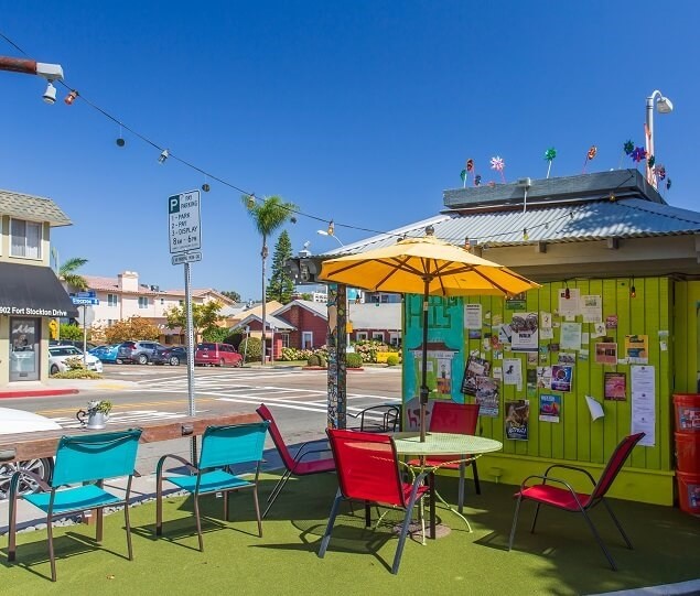 Meshuggah Shack coffee house is located at the corner of Fort Stockton Drive and Goldfinch Street