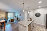Located at 100 Flint Pond Circle in Shrewsbury, MA, this one-bedroom, one-bathroom residence offers a thoughtfully designed single-floor layout that makes efficient use of its cozy footprint. The open-concept kitchen is a standout feature, showcasing white shaker cabinetry, granite countertops, stainless steel appliances including a refrigerator and microwave, and a large center island with bar seating and pendant lighting overhead — ideal for both cooking and casual dining. The kitchen flows seamlessly into the living room, which is bathed in natural light from sliding glass doors that lead to a private balcony with outdoor views. Wood-style plank flooring runs throughout the main living areas, lending warmth and continuity to the space. The bedroom is a comfortable retreat, carpeted for added softness, with windows that invite natural light and provide ample room for furnishings. A dedicated closet offers practical storage. The bathroom is finished with tile flooring, a granite-topped vanity with gray cabinetry, a tub-shower combination, and stylish fixtures accented by a soothing blue accent wall. Throughout the residence, neutral tones and modern finishes create a clean, contemporary ambiance.