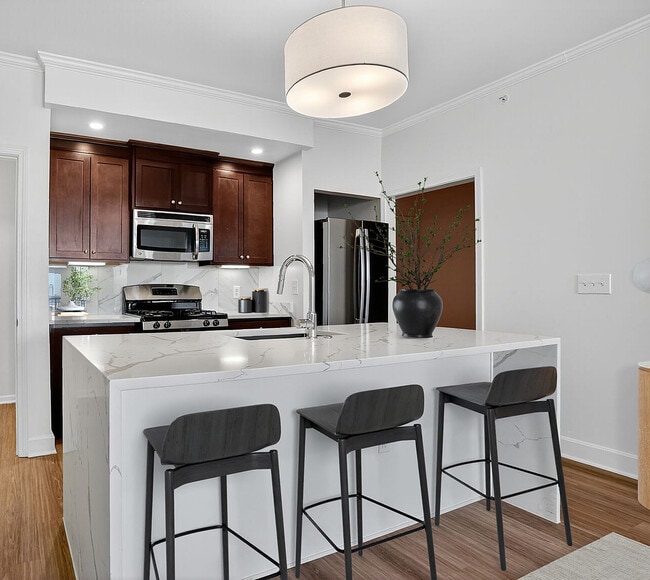 Elegant Kitchen | Waterfall Quartz Countertops & Gas Stove - Luxe at Union Hill
