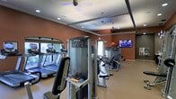 This fitness center offers a comprehensive workout environment designed to accommodate a range of exercise needs. The space is outfitted with professional-grade Precor strength training machines positioned throughout the floor, alongside a row of treadmills and additional cardio equipment lining one wall. Large mirrors are strategically placed to maximize the sense of space and allow users to monitor their form during workouts.

The interior features warm terracotta-toned walls that create an energizing atmosphere, complemented by a neutral-toned floor that is both durable and easy to maintain. Recessed lighting is installed throughout the ceiling, providing consistent illumination across the workout area, while ceiling fans help maintain comfortable airflow during exercise sessions. Structural beam detailing along the ceiling adds a subtle architectural element to the space.

A wall-mounted flat-screen television is positioned for visibility from multiple workout stations, adding an entertainment option for users. Natural light filters in through windows along the walls, contributing to the bright and open feel of the facility. The layout is thoughtfully organized to allow adequate spacing between equipment, ensuring a safe and comfortable workout experience.