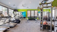 Located at 165 Kathann Dr in Hampton, Virginia, this fitness center is a well-equipped, single-floor facility designed to support a full range of workout routines. The space is defined by its bold, energetic aesthetic, featuring vivid lime green and teal accent walls that contrast with neutral white ceilings and gray carpeted flooring throughout.

The facility is organized into distinct workout zones. A dedicated cardio area lines the perimeter, housing multiple treadmills, elliptical trainers, and stationary bikes, all positioned near large windows that allow ample natural light and outdoor views of the surrounding greenery. Ceiling fans and recessed lighting ensure the space remains comfortable and well-illuminated.

The free weights section features a comprehensive multi-tiered dumbbell rack stocked with a wide range of weights, accompanied by adjustable workout benches for strength training. Full-length mirrors are strategically placed throughout, enhancing the sense of openness and allowing users to monitor their form.

A dedicated strength and functional training area offers cable machine systems, a multi-station weight machine, medicine balls, and stability equipment, providing versatile options for resistance and functional fitness workouts. The vaulted ceiling in the main area adds a sense of spaciousness, while the layout ensures comfortable circulation between zones. Overall, the facility delivers a vibrant, modern environment suited for comprehensive fitness training.
