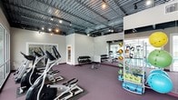 This fitness center offers a comprehensive workout environment designed to accommodate a wide range of exercise routines. The space features an open, industrial-style ceiling with exposed ductwork and track lighting, lending a modern, energetic atmosphere throughout. The durable purple rubber flooring provides both comfort and functionality underfoot, ideal for high-intensity training sessions.

The cardio zone is lined with elliptical machines and other aerobic equipment positioned along one side of the room, allowing ample space to move freely. A dedicated free weights area includes a multi-tiered dumbbell rack alongside an adjustable workout bench, catering to strength training needs at various levels. Full-length mirrors along the walls enhance the sense of space while allowing users to monitor their form during exercise.

A well-organized functional training rack along one wall stores a variety of medicine balls, resistance bands, and exercise mats, offering versatile options for dynamic and bodyweight workouts. Natural light filters in through windows visible at the far end of the space, contributing to a bright and motivating environment. The overall layout is thoughtfully arranged to maximize usability while maintaining an open, uncluttered feel throughout the facility.