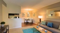 This single-floor residence showcases an open-concept design that seamlessly connects the living, dining, and kitchen areas into one cohesive and functional space. The living area features plush carpeting, anchored by a teal woven area rug and a sleek glass-top coffee table. A comfortable gray sofa with teal accent pillows adds a modern touch, complemented by a stylish table lamp that contributes to the warm, inviting ambiance.

Transitioning into the dining area, hardwood-style flooring replaces the carpet, creating a natural visual boundary between the two spaces. A pendant light fixture hangs above a compact dining table surrounded by patterned upholstered chairs, making it an ideal spot for intimate meals. Framed artwork and a round mirror adorn the walls, adding decorative character.

The kitchen is partially open to the dining area, separated by a raised counter that doubles as a pass-through. Dark appliances, including a range with an overhead vent hood, are visible, indicating a fully equipped cooking space. Warm neutral wall tones and white trim run throughout, creating a consistent and polished aesthetic across the entire floor plan.