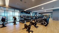 Located on West Olympic Boulevard in Los Angeles, this fitness center offers a comprehensive, thoughtfully designed workout facility across a single floor. The space is organized into distinct functional zones, each tailored to a specific training style, and unified by warm hardwood-style flooring, recessed and cove lighting, and a neutral gray color palette that creates a sleek, professional atmosphere.

The cardio zone features a generous row of Life Fitness treadmills, ellipticals, and stationary bikes, all equipped with individual digital displays. Large floor-to-ceiling windows line this area, allowing natural light to filter in and offering views of the surrounding West Los Angeles streetscape.

The strength training area houses an extensive array of selectorized cable and resistance machines arranged in well-spaced rows, providing ample room for movement between equipment. A dedicated free weights section includes a full dumbbell rack, weight benches, and medicine balls, set against mirrored walls and bordered by expansive windows with city views.

A separate power zone features a Hammer Strength squat rack on rubber flooring, enclosed by glass partition walls. A functional training corner displays a TRX training station and accessory equipment. Distinctive vertical wood slat partitions add an architectural design element, delineating zones while maintaining an open, airy feel throughout.