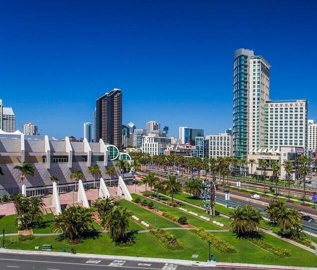 The San Diego Convention Center is located in the Marina district on West Harbor Drive