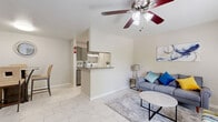 Located at 8323 Cinnamon Ln in Houston, TX, this single-story, 1-bedroom, 2-bathroom home offers a well-organized and comfortable layout. Marble-look porcelain tile flows throughout the entire home, creating a clean, cohesive aesthetic. Ceiling fans are present in multiple rooms, enhancing airflow and comfort.

The open-concept living and dining area is bright and welcoming, with a large window that invites natural light and outdoor views. The living space provides a relaxed atmosphere, while the adjacent dining area offers convenient access to the kitchen.

The galley-style kitchen features granite countertops, gray cabinetry, a pass-through bar counter, and a dedicated pantry, making the most of the available space efficiently.

The spacious primary bedroom enjoys natural light through a window, a ceiling fan, and direct access to a walk-in closet with built-in shelving and hanging storage. An additional two closets provide ample storage throughout the home.

The two bathrooms are well-appointed — one features a granite vanity countertop with a large mirror, while the other includes a tub/shower combination with elegant marble-look tile surround. Together, they offer both practicality and style in a compact, efficiently designed home.