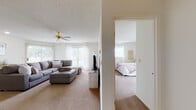 Located at 2000 N Linden St in Normal, IL, this single-floor residence offers a well-organized and comfortable layout filled with natural light. The living room serves as the heart of the home, featuring plush wall-to-wall carpeting, a ceiling fan, a textured ceiling, and multiple windows dressed with sheer white curtains that invite abundant daylight. A sliding glass door in the primary bedroom opens directly to an outdoor patio, providing seamless indoor-outdoor connectivity and views of the surrounding greenery. The primary bedroom is generously sized with carpeted flooring and ample space for large furniture. The secondary bedroom is bright and cozy, with a window framed by white curtains and blinds, offering a quiet, comfortable retreat. The galley-style kitchen is efficiently designed with white cabinetry featuring wood-tone accents, light countertops, a double-basin sink, dishwasher, and an electric range, all set on easy-care tile flooring. The bathroom includes a combined tub and shower unit, a single-sink vanity with storage, and tile flooring. Throughout the residence, a neutral color palette of whites and soft beiges creates a clean, cohesive aesthetic that is both practical and inviting.
