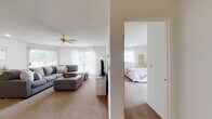 Located at 2000 N Linden St in Normal, IL, this single-floor residence offers a well-organized and comfortable layout filled with natural light. The living room serves as the heart of the home, featuring plush wall-to-wall carpeting, a ceiling fan, a textured ceiling, and multiple windows dressed with sheer white curtains that invite abundant daylight. A sliding glass door in the primary bedroom opens directly to an outdoor patio, providing seamless indoor-outdoor connectivity and views of the surrounding greenery. The primary bedroom is generously sized with carpeted flooring and ample space for large furniture. The secondary bedroom is bright and cozy, with a window framed by white curtains and blinds, offering a quiet, comfortable retreat. The galley-style kitchen is efficiently designed with white cabinetry featuring wood-tone accents, light countertops, a double-basin sink, dishwasher, and an electric range, all set on easy-care tile flooring. The bathroom includes a combined tub and shower unit, a single-sink vanity with storage, and tile flooring. Throughout the residence, a neutral color palette of whites and soft beiges creates a clean, cohesive aesthetic that is both practical and inviting.