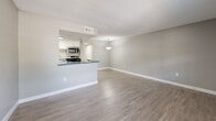 Located at 14566 Seaford Circle in Tampa, FL, this one-bedroom, one-bathroom unit offers a well-organized single-floor layout with a clean, modern aesthetic throughout. Light gray walls, white baseboards, and wood-look vinyl flooring run continuously through the space, creating a cohesive and neutral palette.

The open-concept living and kitchen area forms the heart of the unit. The kitchen features a peninsula with dark speckled countertops, white shaker-style cabinetry, stainless steel appliances including a microwave and range, and ample storage. A pendant light anchors the dining area adjacent to the kitchen. The living room receives natural light through a sliding glass door that opens directly onto a private patio, offering a pleasant outdoor retreat.

The bedroom is a well-proportioned retreat with a window allowing in natural light, a sliding closet, and access to additional storage. In total, three closets are distributed throughout the unit, providing generous storage capacity. The bathroom includes a white vanity, a full tub-shower combination with tile surround, and clean, simple fixtures. A hallway connects the main living areas to the bedroom and bathroom with ease. A textured ceiling is present throughout, adding subtle character to the overall design.