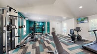 This fitness center offers a comprehensive workout environment designed to support a wide range of exercise routines. The space is defined by vaulted ceilings that lend an open, airy feel, while large windows along multiple walls flood the interior with natural light and provide views of the surrounding greenery. A distinctive patterned carpet in teal, grey, and neutral tones adds a modern, energetic aesthetic throughout.

The cardio zone is equipped with TRUE-brand treadmills, upright and recumbent bikes, and wall-mounted flat-screen TVs, making for an engaging workout experience. A dedicated strength area features a multi-station cable machine and a flat weight bench, complemented by a full rack of dumbbells reflected in floor-to-ceiling mirrors that enhance the sense of space.

A vibrant teal accent wall anchors the functional training corner, which is stocked with a wall-mounted rack holding kettlebells, medicine balls, stability balls, and resistance bands, alongside a TKO heavy punching bag for boxing workouts. A water station is conveniently located within the space. Recessed lighting provides consistent illumination throughout, and a direct exterior door offers easy access. The overall ambiance is modern, motivating, and thoughtfully equipped for a full-body fitness experience.