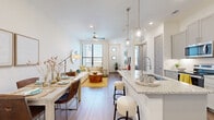 This thoughtfully designed one-bedroom, one-bathroom unit offers a bright and modern open-concept layout across a single floor. The combined kitchen, dining, and living area creates a seamless flow ideal for both everyday living and entertaining. The kitchen is outfitted with light gray shaker-style cabinetry, a granite-topped island with bar seating, stainless steel appliances, a subway tile backsplash, and elegant globe pendant lighting. The dining area sits adjacent to the kitchen, defined by warm wood-style flooring that extends throughout the unit. The living room receives generous natural light through large windows and features soaring ceilings with a ceiling fan, creating an airy and inviting atmosphere. Stacked clerestory windows add an architectural accent and additional light. The bedroom is a comfortable retreat, well-proportioned with access to a walk-in closet featuring built-in shelving and hanging rods on multiple walls. The bathroom includes a tiled tub-shower combination and tile flooring. Additional highlights include a dedicated laundry area, a welcoming entryway, and consistent use of crisp white walls that complement the warm flooring tones, giving the entire unit a clean, contemporary feel.
