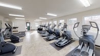 Located at 2828 Egypt Rd in Norristown, Pennsylvania, this fitness center offers a well-equipped, single-floor facility designed to support a comprehensive cardio workout experience. The main exercise area is generously proportioned, with a clean, open layout that allows for comfortable movement between equipment. Rows of True-brand treadmills, elliptical trainers, and upright stationary bikes are neatly arranged throughout the space, catering to a range of fitness preferences and workout intensities. Large windows line multiple walls, flooding the interior with natural light and providing views of the surrounding outdoor environment. The floors are finished in neutral stone-style tile, and the white walls contribute to a bright, airy atmosphere. Flush-mount fluorescent lighting ensures the space remains well-lit throughout. A full-length wall mirror on one side of the main room enhances the sense of openness while allowing users to monitor their form. A stability ball is available for supplementary exercises. The facility also includes a dedicated accessible restroom, equipped with grab bars, a pedestal sink with mirror, and a paper towel dispenser, ensuring convenience and accessibility for all users. The overall design is practical and functional, prioritizing a clean, distraction-free environment for exercise.
