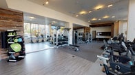 This modern fitness center is thoughtfully designed to support a full range of workout routines. The space is characterized by large, floor-to-ceiling windows along one wall that flood the interior with natural light and offer open street views, creating an energizing atmosphere. The flooring transitions between hardwood-style panels in the open stretching and functional training zones and durable carpet-textured surfaces beneath the cardio and strength equipment, providing both visual appeal and practical utility.

The cardio section is well-appointed with multiple treadmills, ellipticals, stationary bikes, and rowing-style machines positioned to take advantage of the outdoor views. A dedicated strength training area features a cable machine, multi-use weight stations, and a comprehensive dumbbell rack. An open studio zone with mirrored walls offers space for stretching, functional training, and group exercise.

Toward the rear of the space, a distinctively designed alcove with reclaimed wood accent walls and dark wood beam detailing adds a warm, modern-rustic contrast. Built-in shelving provides organized storage for towels and accessories. The overall ambiance is clean, contemporary, and well-lit, with recessed and track lighting supplementing the abundant natural light.