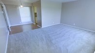 This single-floor space presents a straightforward and functional layout with a clear separation between living zones. The main living area is finished with light-toned, plush carpeting that extends across a generously sized open floor plan, providing a comfortable and quiet underfoot experience. Neutral gray walls throughout lend a clean, understated aesthetic that offers flexibility for a variety of interior styles.

A transitional step down leads to an adjoining area finished with hardwood-style flooring, distinguishing it from the carpeted living space and adding visual contrast. Natural light enters through a large window fitted with blinds in this adjacent area, brightening the space. A ceiling light fixture is visible overhead, supplementing the natural light.

Beyond this zone, a passageway opens into what appears to be a kitchen area, featuring cabinetry and appliances visible in the background. The open sightlines between the rooms contribute to a connected and airy feel throughout the space.

White baseboards accent the neutral walls, while standard electrical outlets are positioned throughout. The overall ambiance is clean, move-in ready, and uncluttered, offering a functional and adaptable living environment.