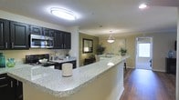 This single-story residence showcases a thoughtfully designed open-concept layout that seamlessly connects the kitchen and living areas. The kitchen is a standout feature, equipped with dark espresso cabinetry that provides a striking contrast against the light granite countertops. A large peninsula with matching granite extends into the space, offering additional prep area and casual seating. Stainless steel appliances, including a built-in microwave and range, add a modern, functional touch, while a stainless steel vent hood anchors the cooking area.

Overhead, a flush-mount ceiling light illuminates the kitchen, while a pendant light hangs elegantly above the peninsula, adding a decorative layer of lighting. Rich hardwood flooring flows through the space, lending warmth and continuity throughout the open floor plan. The adjoining living area benefits from natural light filtering in through a glass door, brightening the neutral-toned walls. Decorative greenery and thoughtful furnishing choices contribute to a welcoming, well-appointed ambiance throughout this cohesive and practical living space.